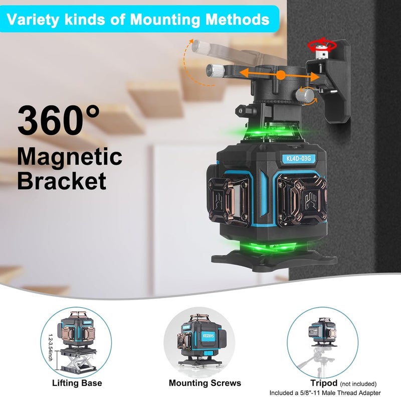 KEZERS مستوى الليزر 360 ذاتي التسوية، 4 × 360 مستوى ليزر مع شاشة أداة مستوى خط الليزر الأخضر أداة التسوية والمحاذاة مع وضع النبض للبناء وتعليق الصور، تحكم عن بعد - Image 4